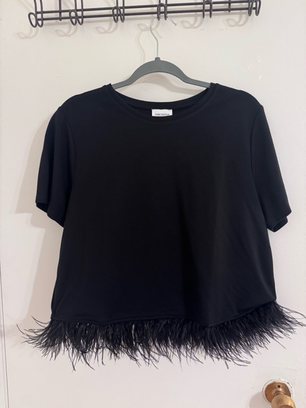Black Feather-Hem Short Sleeve Tee